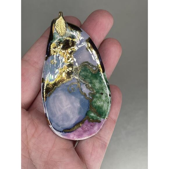 Polished Multi Stone Fused Gold Oval Agate Pendant Colorful Unique - Picture 1 of 5